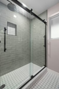 Bathroom remodel, tiled walk-in shower with glass door