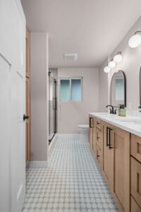 Bathroom remodel, full room seen from the doorway